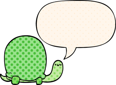 Bir insan tarafından çizilmiş çizgi roman tarzında konuşma balonu olan şirin bir kaplumbağa.