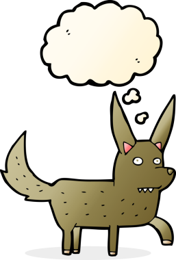 Bir insan tarafından çizilmiş düşünce baloncuğu olan vahşi bir köpek.