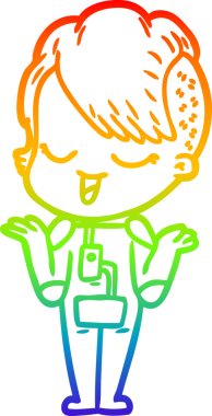 Gökkuşağı gradyan çizgisi çizimi. Uzay elbisesi içindeki mutlu bir kız. Bir insan tarafından çizilmiş.