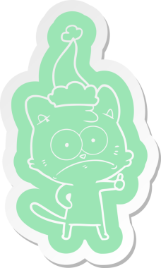 Bir insan tarafından çizilmiş Noel Baba şapkası giyen gergin bir kedinin garip çizgi film çıkartması.