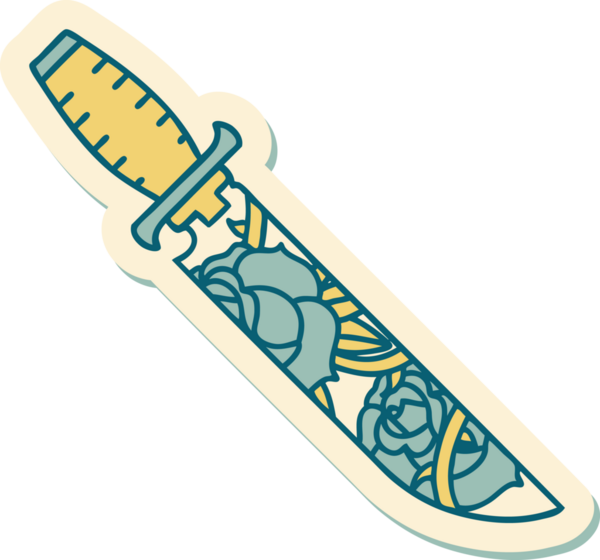 Geleneksel bir hançer stili dövme çıkartması ve bir insan tarafından çizilmiş çiçekler.