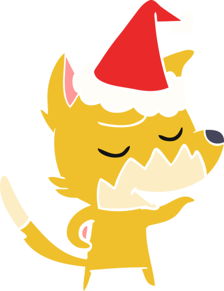 Bir insan tarafından çizilmiş Noel Baba şapkası giymiş bir tilkinin düz renk çizimi.