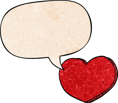 Bir insan tarafından çizilmiş eski dokuda konuşma baloncuğu olan karikatür aşk kalbi.