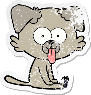 Bir insan tarafından çizilmiş dilli, oturan bir köpeğin dertli çıkartması.