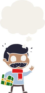 Bıyıklı ve noel hediyeli karikatürist. İnsan tarafından çizilmiş bir düşünce baloncuğuyla birlikte.