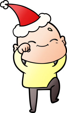 Mutlu el çizimi, bir insan tarafından çizilmiş Noel Baba şapkası giymiş kel bir adamın çizgi filmi.