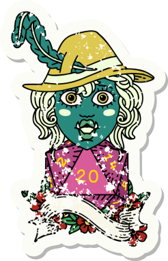 Bir insan tarafından çizilmiş doğal yirmi zarlı şarkı söyleyen yarım ork ozanın grunge çıkartması.