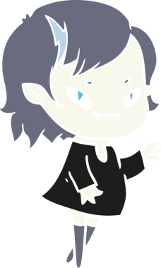 Bir insan tarafından çizilmiş düz renkli çizgi film arkadaş canlısı vampir kız.