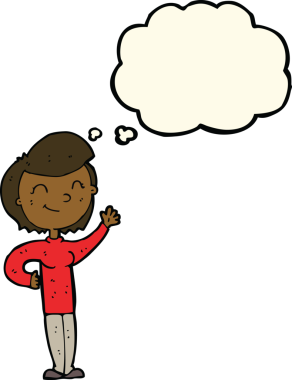 Bir insan tarafından çizilmiş düşünce balonlu, çizgi film dostu el sallayan kadın.