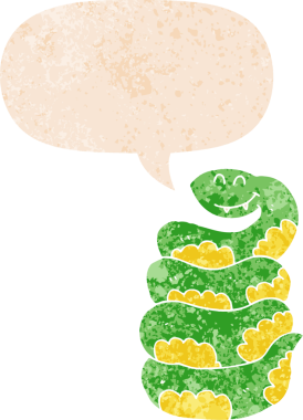 Bir insan tarafından çizilmiş grunge dertli retro tarzı konuşma baloncuğu ile çizgi film yılanı