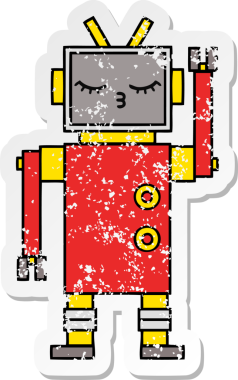 Bir insan tarafından çizilmiş sevimli bir robot çizgi film çıkartması.