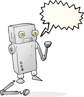 Bir insan tarafından çizilmiş serbest konuşma balonu karikatürü bozulmuş robot.
