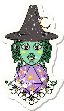 Bir insan tarafından çizilmiş 20 zarlı yarım ork cadısının grunge çıkartması.