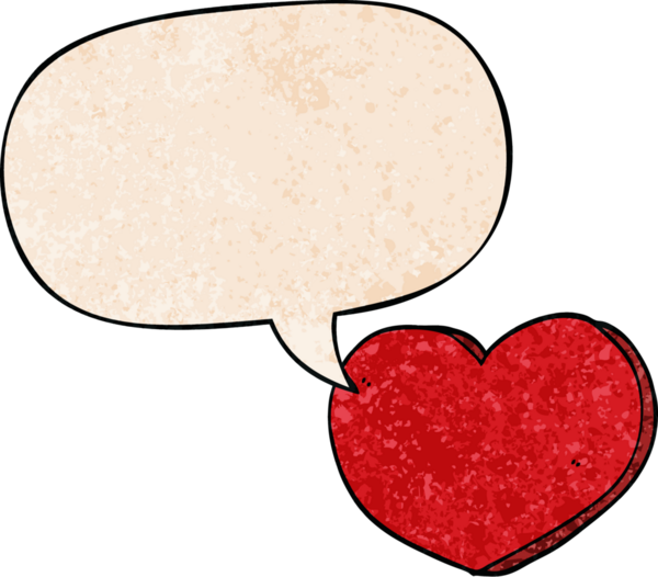 Bir insan tarafından çizilmiş eski dokuda konuşma baloncuğu olan karikatür aşk kalbi.