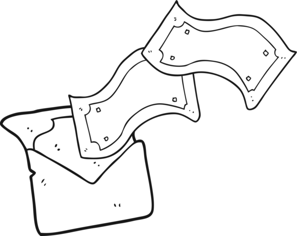 Bir insan tarafından çizilmiş para dolu siyah beyaz bir zarf.