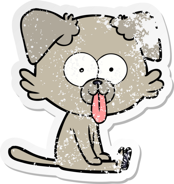 Bir insan tarafından çizilmiş dilli, oturan bir köpeğin dertli çıkartması.