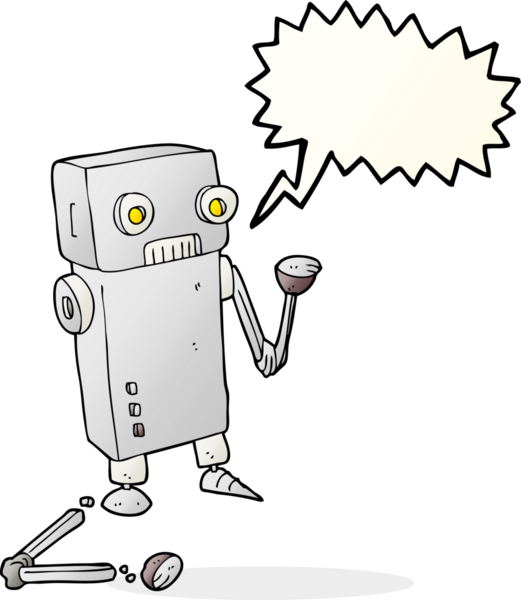 Bir insan tarafından çizilmiş serbest konuşma balonu karikatürü bozulmuş robot.