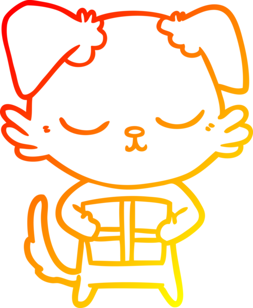 Bir insan tarafından çizilmiş Noel hediyeli şirin bir köpeğin sıcak çizgi çizimi.