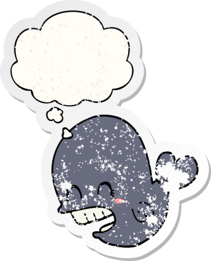 Düşünce baloncuğu olan karikatür balinası bir insan tarafından çizilmiş yıpranmış bir çıkartma.