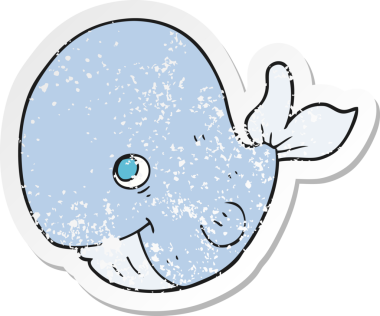 Bir insan tarafından çizilmiş mutlu balina çizgi filminin kederli retro yapıştırması.