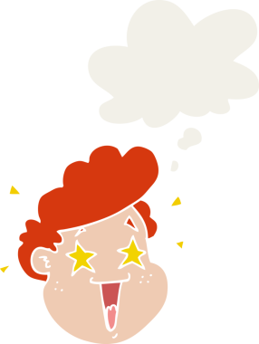 Bir insan tarafından çizilmiş, düşünce baloncuklu mutlu yüz karikatürü.