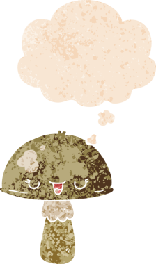 Düşünce baloncuklu çizgi film mantarı grunge sıkıntılı retro desen bir insan tarafından çizilmiş