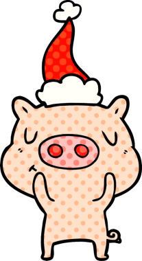 Bir insan tarafından çizilmiş Noel Baba şapkası giyen bir domuzun el çizimi çizgi roman tarzı çizimi.