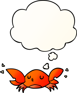 Düşünce baloncuklu çizgi film yengeci, bir insan tarafından çizilmiş düzgün eğimli bir şekildedir.