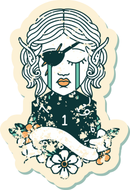 Retro Dövme Tarzı Ağlayan Elf düzenbaz karakter yüzü ve bir insan tarafından çizilmiş doğal bir D20 rulo