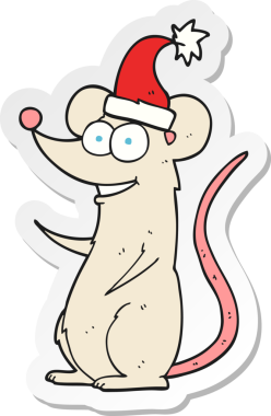 Bir insan tarafından çizilmiş Noel şapkası takan çizgi film faresinin çıkartması.