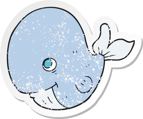 Bir insan tarafından çizilmiş mutlu balina çizgi filminin kederli retro yapıştırması.