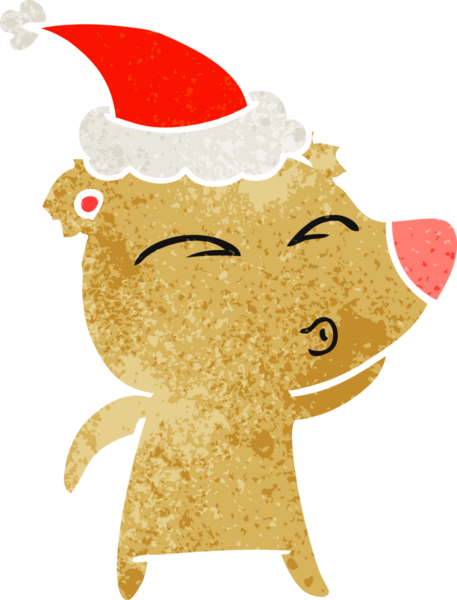 Bir insan tarafından çizilmiş Noel Baba şapkası giyen bir ayının el çizimi karikatürü.