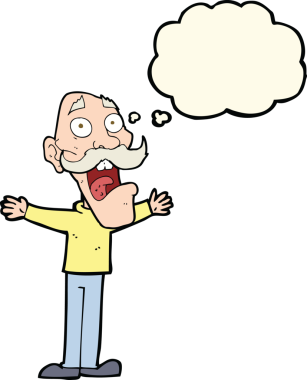 Çizgi film, bir insan tarafından çizilmiş düşünce balonlu yaşlı adamı strese sokuyor.