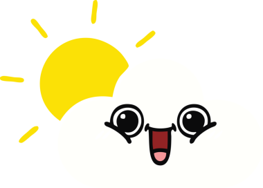 Bir insanın çizdiği düz renkli güneş ve bulut karikatürü