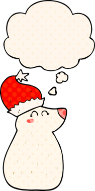 Çizgi roman tarzında bir insan tarafından çizilmiş düşünce baloncuklu Noel şapkası takan çizgi film ayısı.