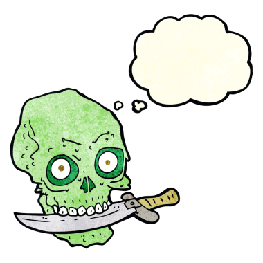 Bir insan tarafından çizilmiş düşünce baloncuğuyla dişlerinde bıçak olan korsan kafatası.