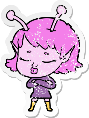 Bir insan tarafından çizilmiş sevimli bir uzaylı kız çizgi filminin sıkıntılı çıkartması.