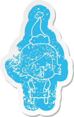 Bir insan tarafından çizilmiş Noel Baba şapkası giymiş, gülen bir kadının garip bir karikatürü.