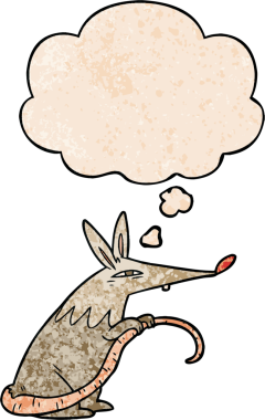 Bir insan tarafından çizilmiş grunge desenli düşünce baloncuklu çizgi film faresi.