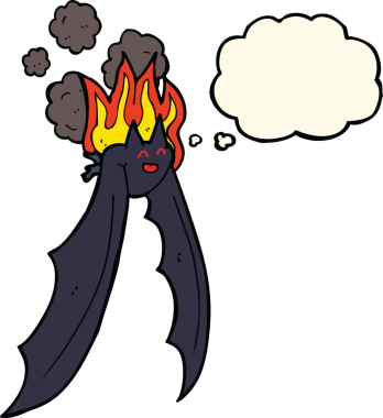 Bir insan tarafından çizilmiş düşünce baloncuklu ürkütücü yarasa çizgi filmi.