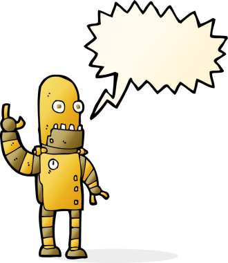 Bir insan tarafından çizilmiş konuşma balonlu altın robotu sallayan çizgi film.