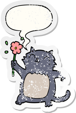 Konuşan çiçekli çizgi film kedisi bir insan tarafından çizilmiş sıkıntılı eski bir çıkartma.