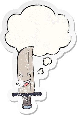 Düşünce baloncuklu çizgi film gülme bıçağı insan tarafından çizilmiş yıpranmış bir çıkartma gibi.