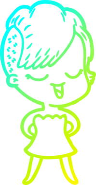 Bir insanın çizdiği kokteyl elbisesi içinde mutlu bir çizgi film kızı çizimi.