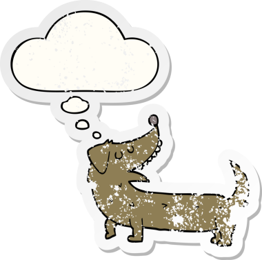 Düşünce baloncuğu olan çizgi film köpeği insan tarafından çizilmiş yıpranmış bir çıkartma gibi.