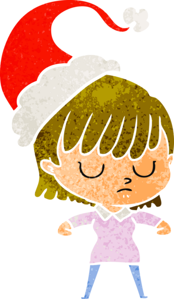 Bir insan tarafından çizilmiş Noel Baba şapkası giyen bir kadının el çizimi karikatürü.