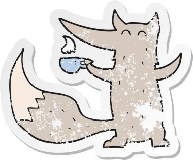 Bir insan tarafından çizilmiş kahve fincanı ile bir kurt çizgi filminin gerilimli yapıştırması.