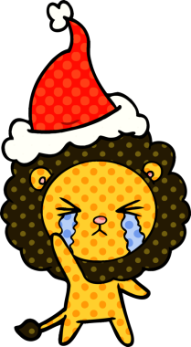 Bir insan tarafından çizilmiş Noel Baba şapkası giymiş ağlayan bir aslanın el çizimi çizgi roman çizimi.