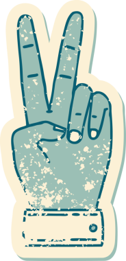 Bir barış sembolünün grunge sticker 'ı Bir insan tarafından çizilmiş iki parmak el hareketi