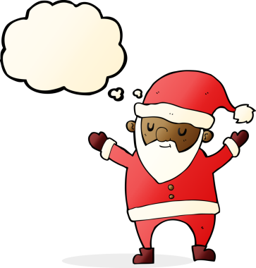 Bir insan tarafından çizilmiş düşünce balonuyla dans eden noel baba çizgi filmi.